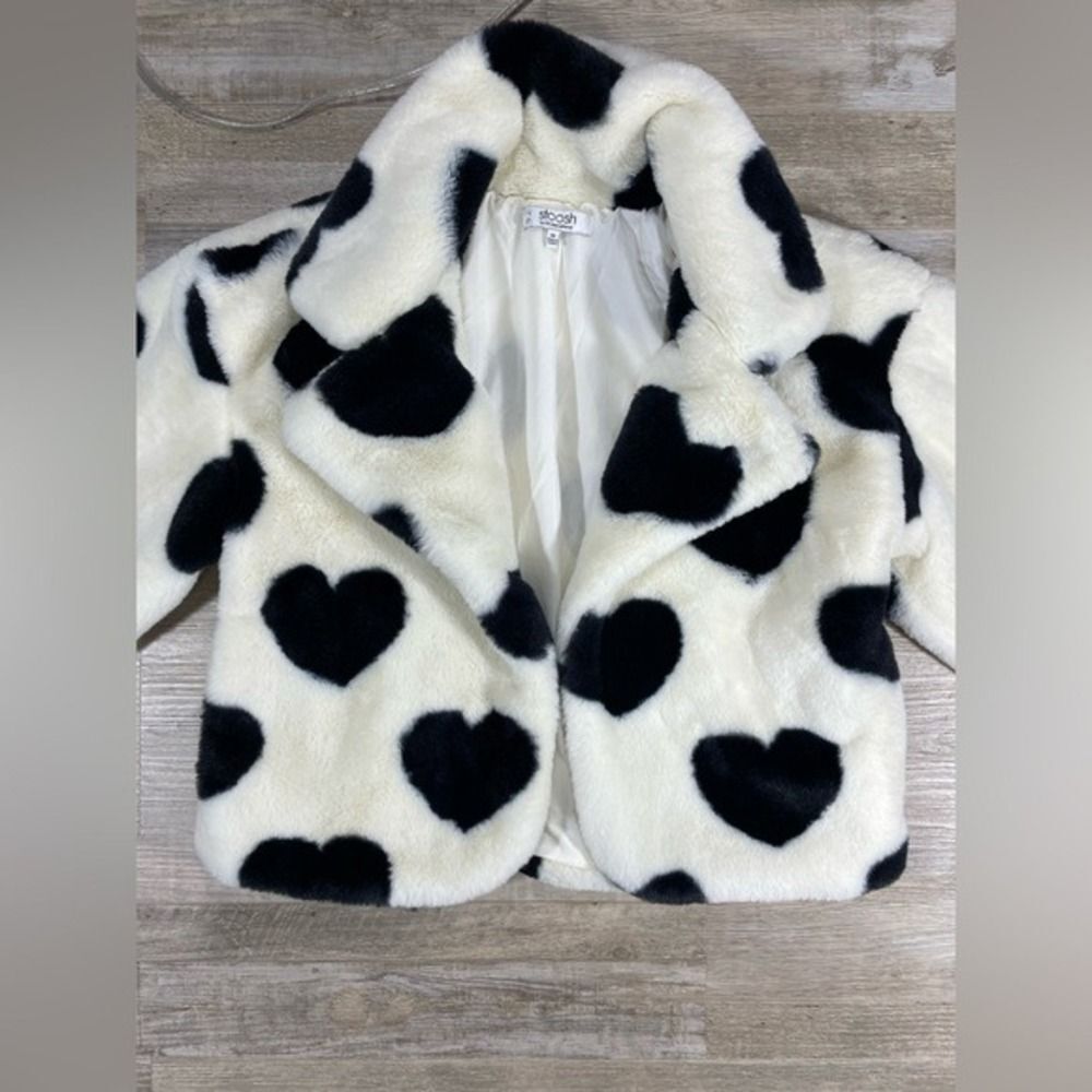 Faux Fur coat W/ M White Black Heart Print Stoosh A14314 LN - Picture 9 of 14